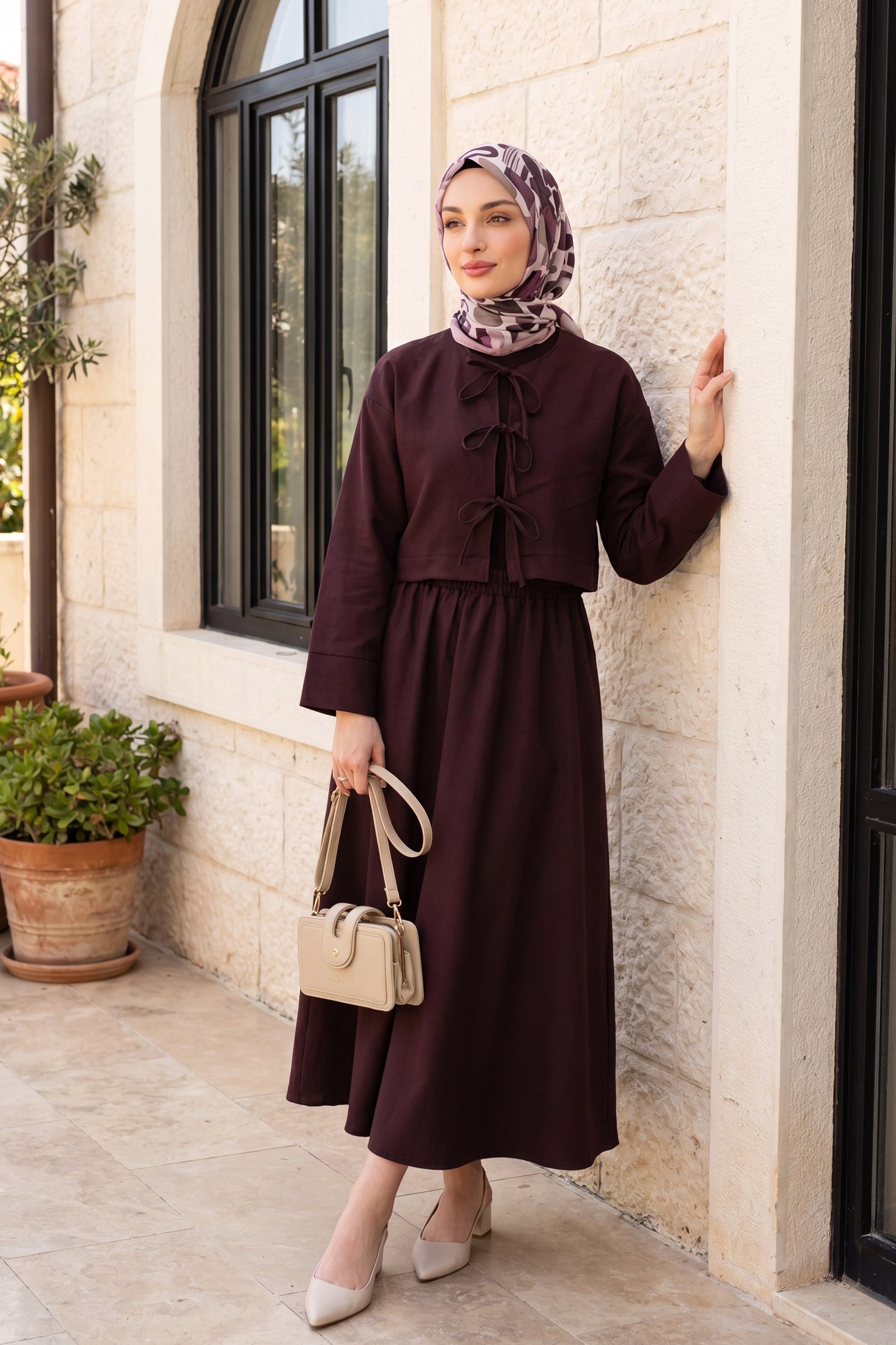Önü Bağcıklı Beli Lastikli Etekli Keten Görünümlü Takım         -Koyu Mor