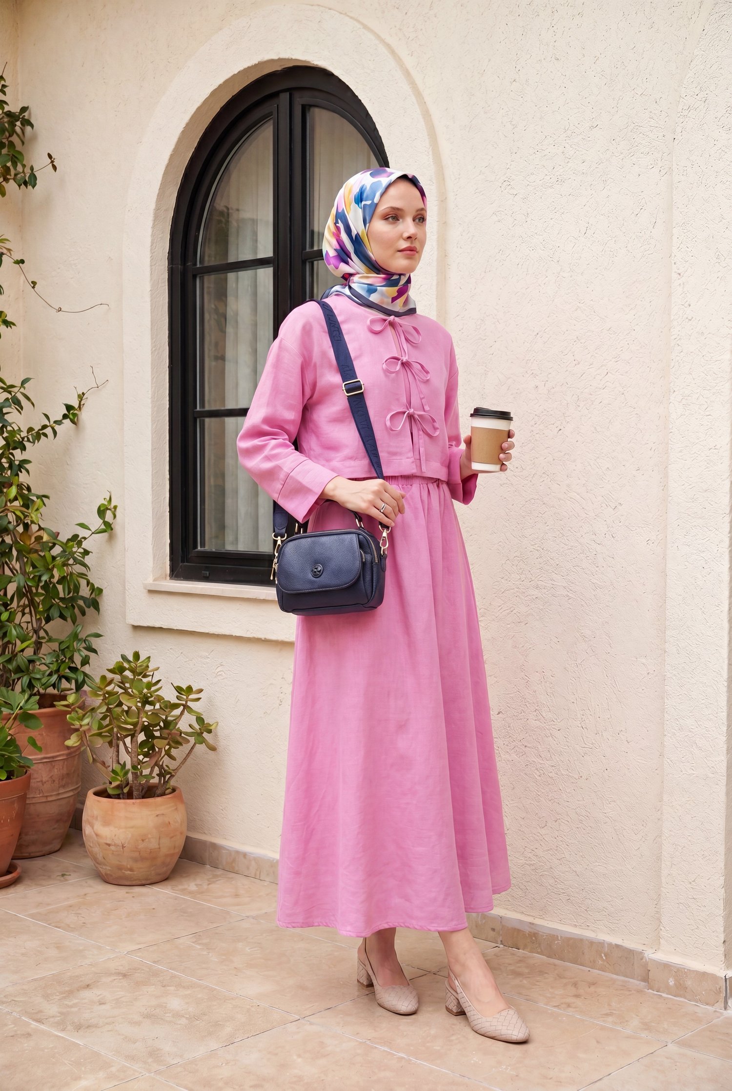 Önü Bağcıklı Beli Lastikli Etekli Keten Görünümlü Takım      -Pembe