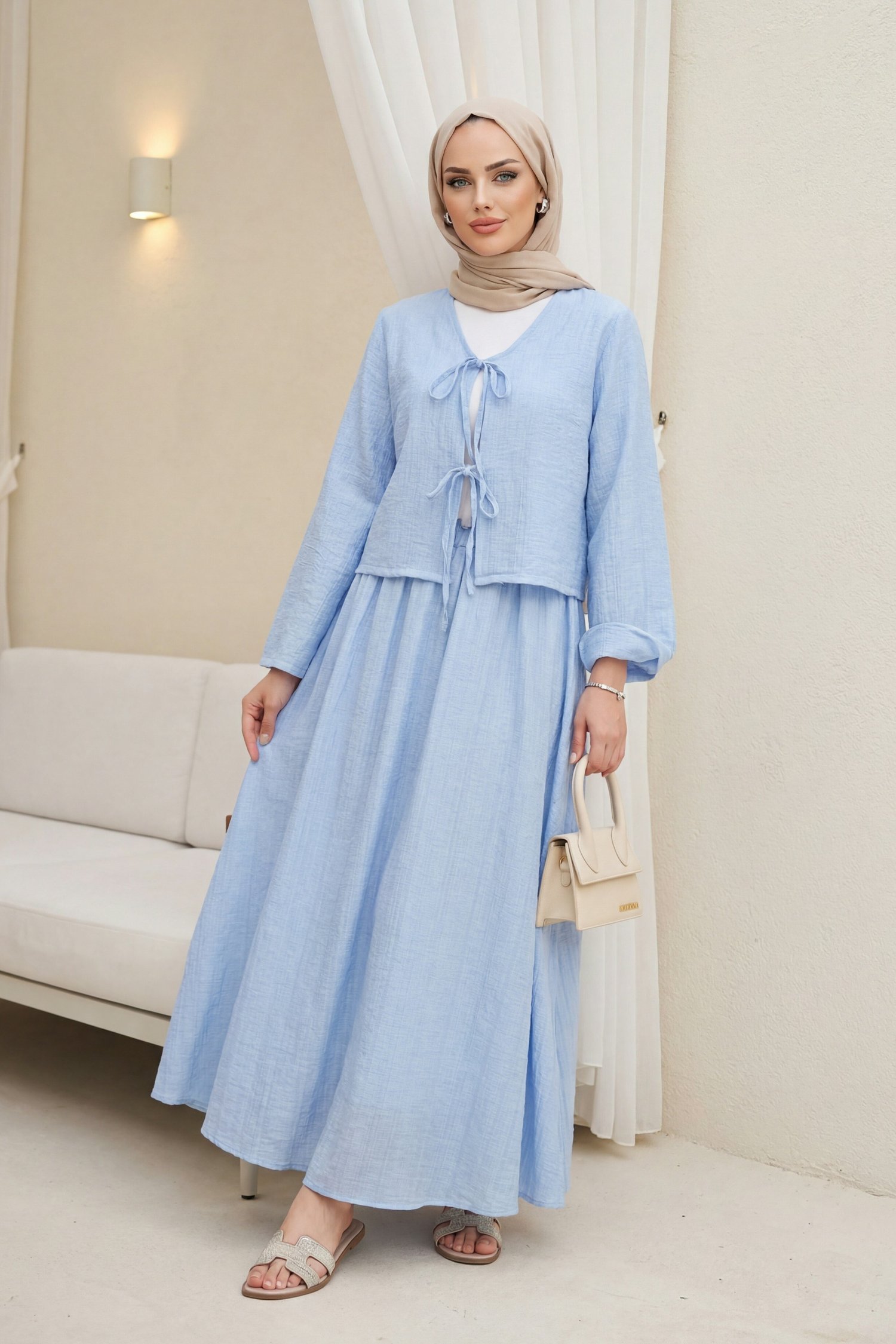 Önü Bağcıklı Eteği Astarlı Bürümcük Kimono Takım -Açık Mavi