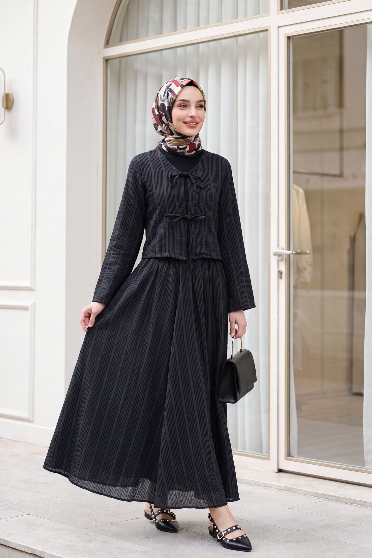 Önü Bağcıklı Eteği Astarlı Bürümcük Kimono Takım -Siyah