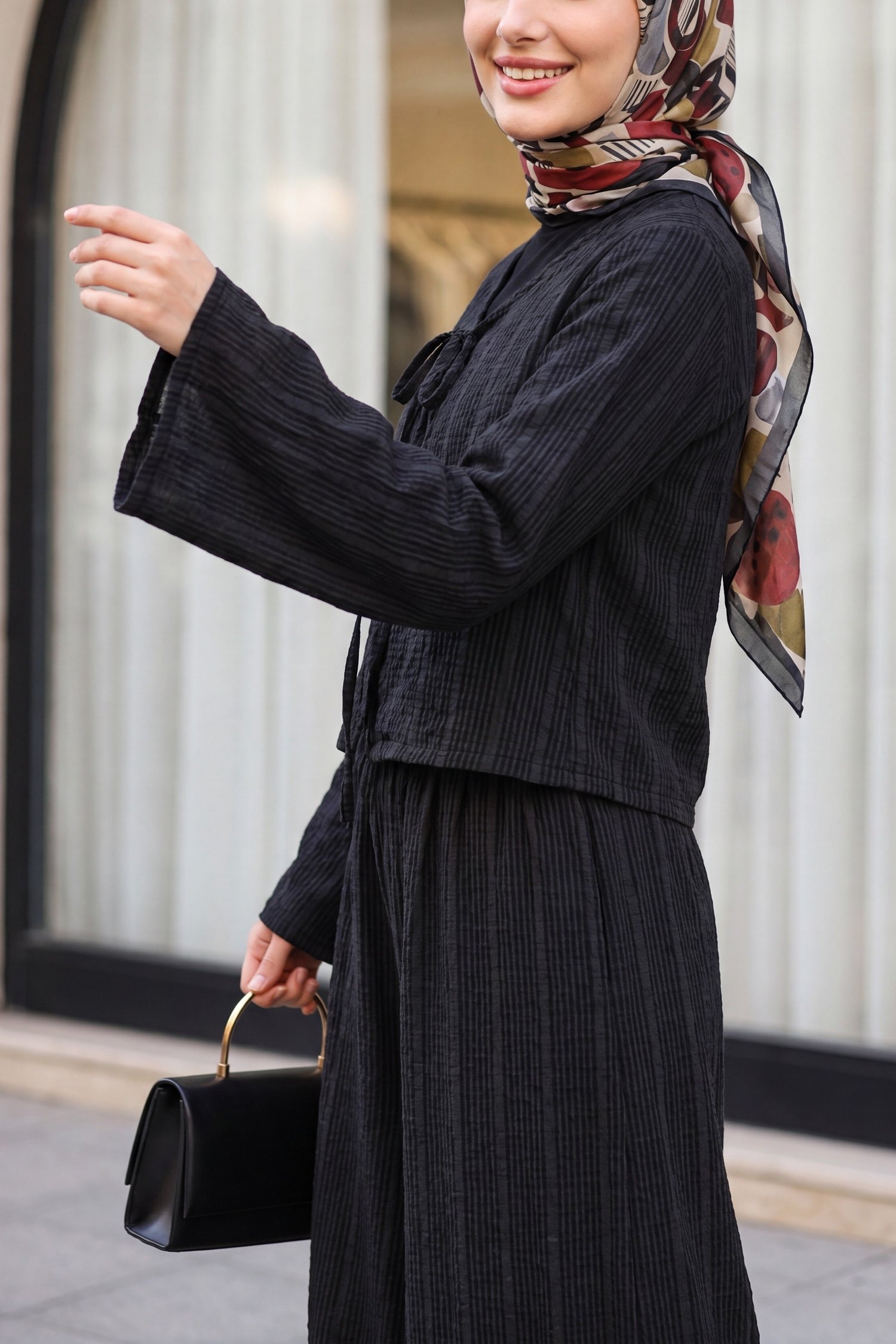 Önü Bağcıklı Eteği Astarlı Bürümcük Kimono Takım -Siyah