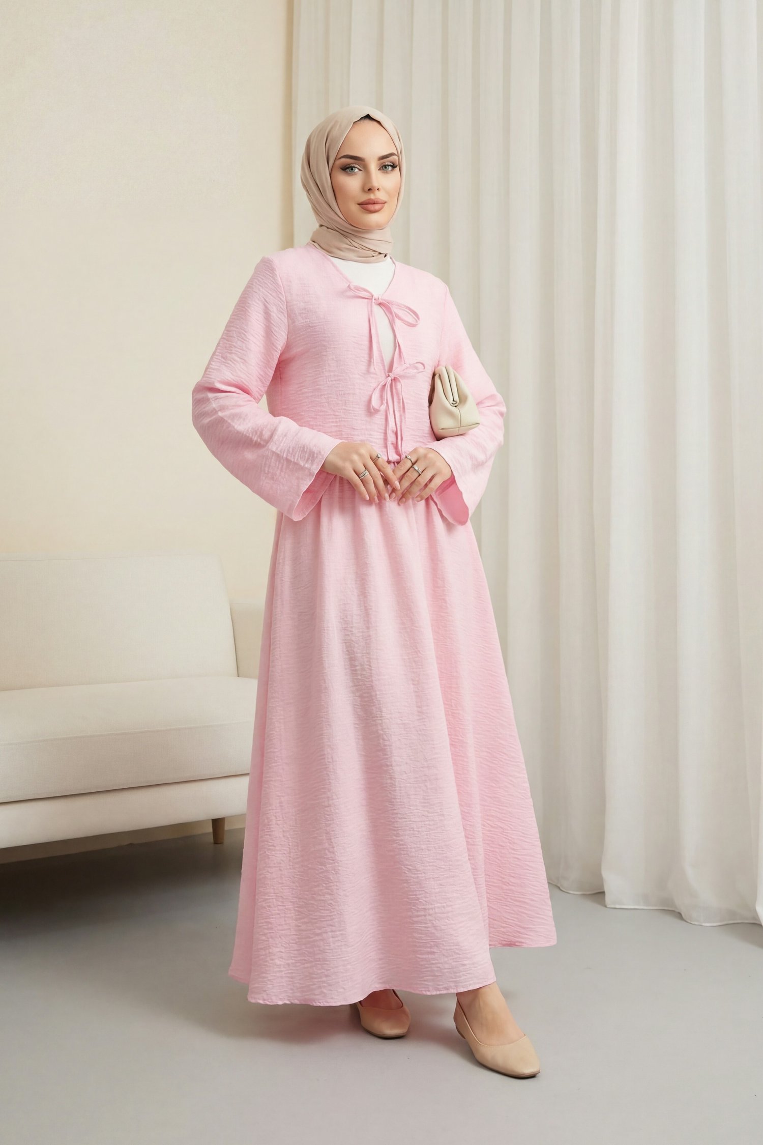 Önü Bağcıklı Eteği Astarlı Bürümcük Kimono Takım -Pembe
