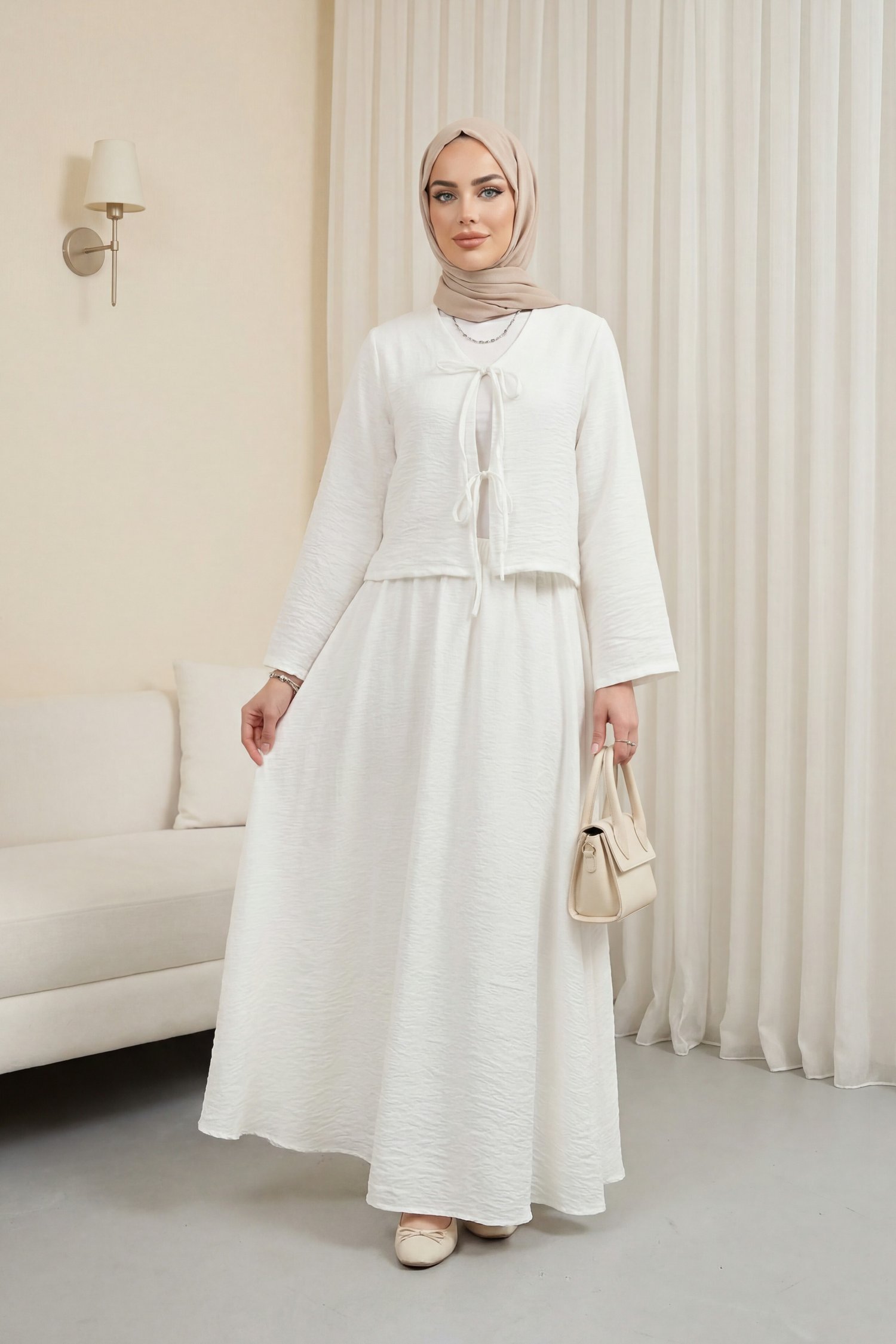 Önü Bağcıklı Eteği Astarlı Bürümcük Kimono Takım -Beyaz