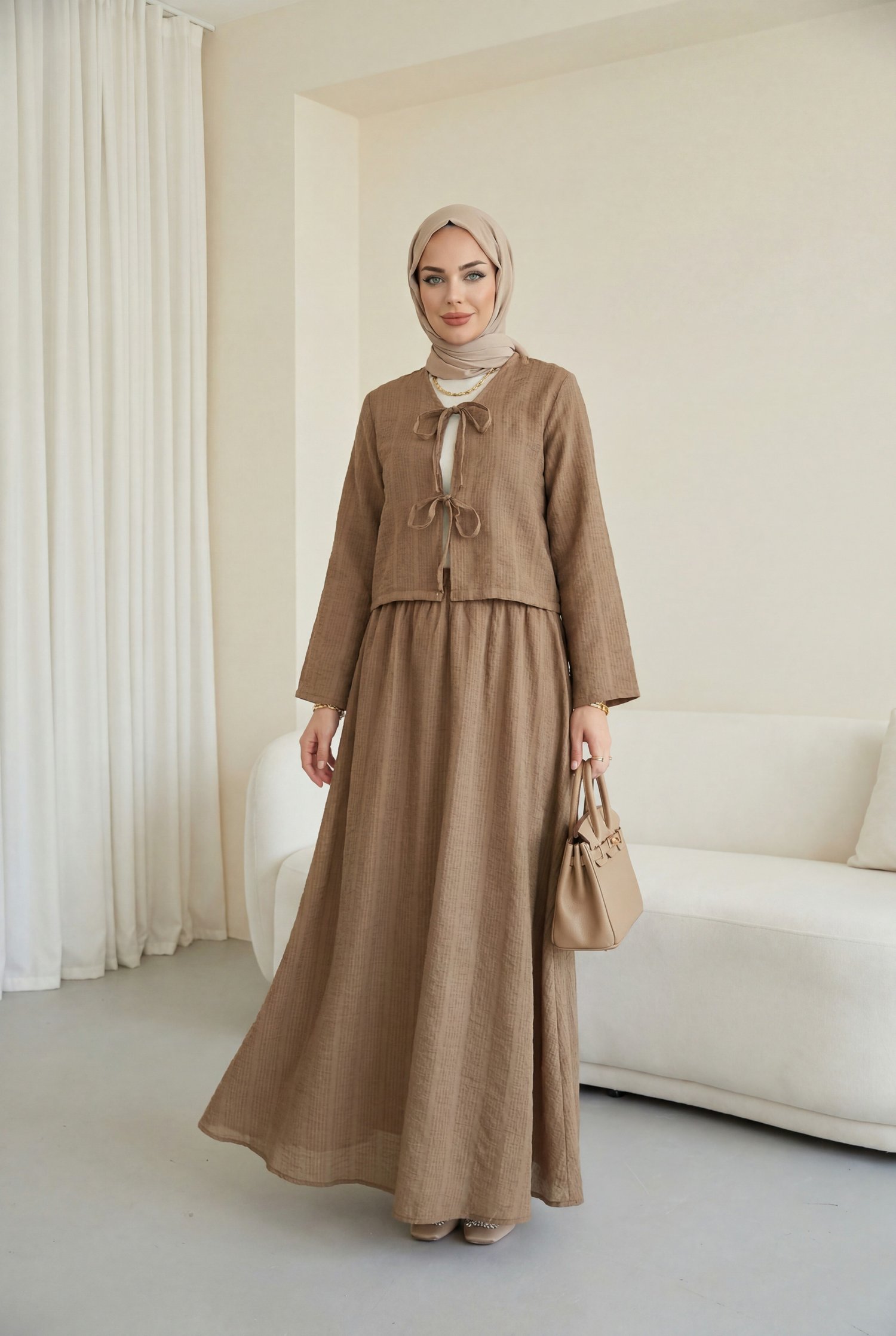 Önü Bağcıklı Eteği Astarlı Bürümcük Kimono Takım -Açık Kahverengi