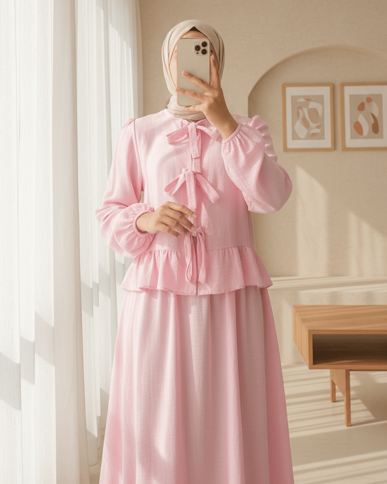 Önü Bağcıklı Kolu Lastikli Etekli Takım  -Pembe
