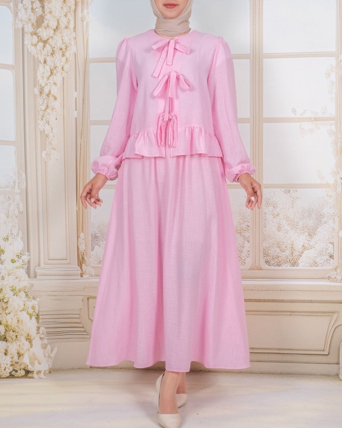 Önü Bağcıklı Kolu Lastikli Etekli Takım  -Pembe
