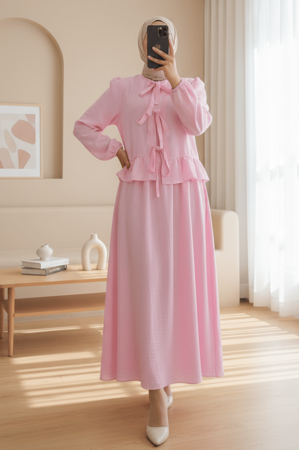 Önü Bağcıklı Kolu Lastikli Etekli Takım  -Pembe
