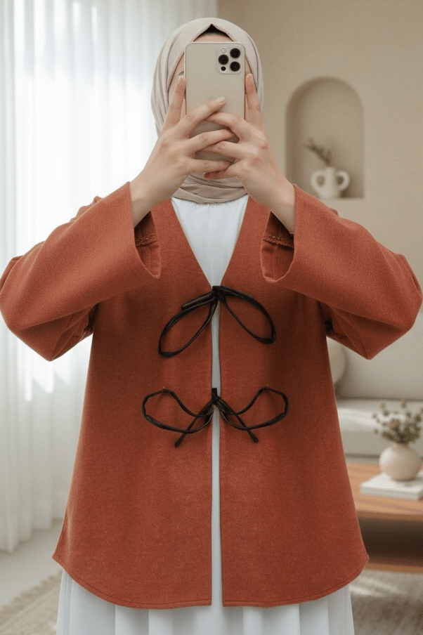 Önü Bağcıklı Oval Kesim Kaşe Kimono    -Kiremit