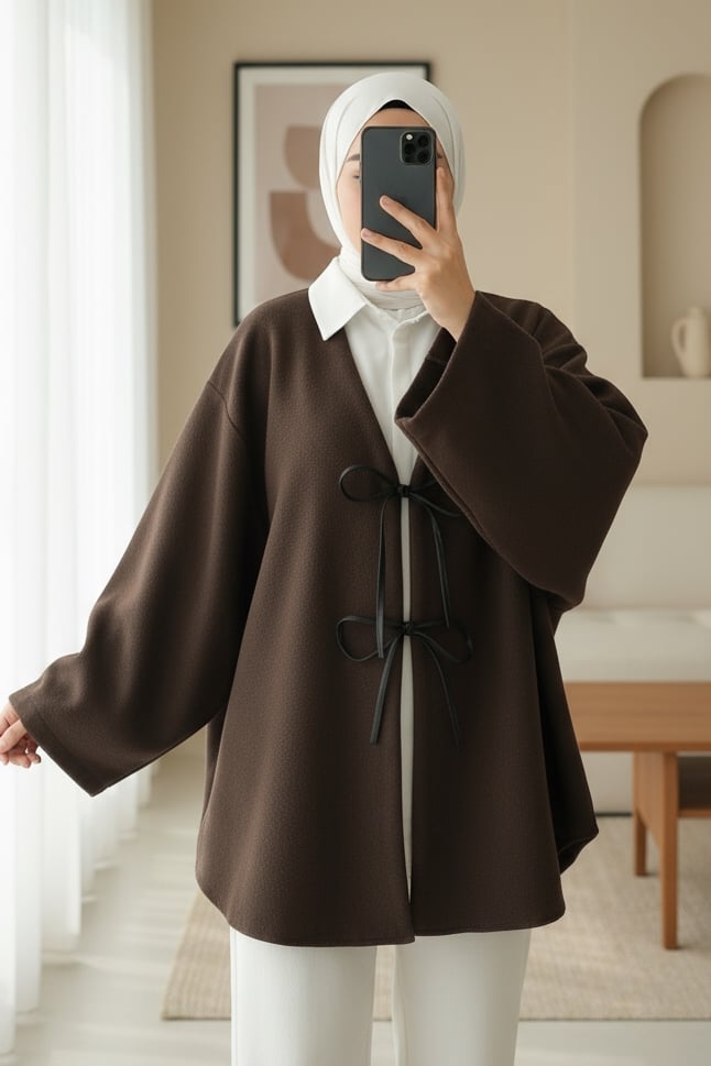 Önü Bağcıklı Oval Kesim Kaşe Kimono     -Kahve