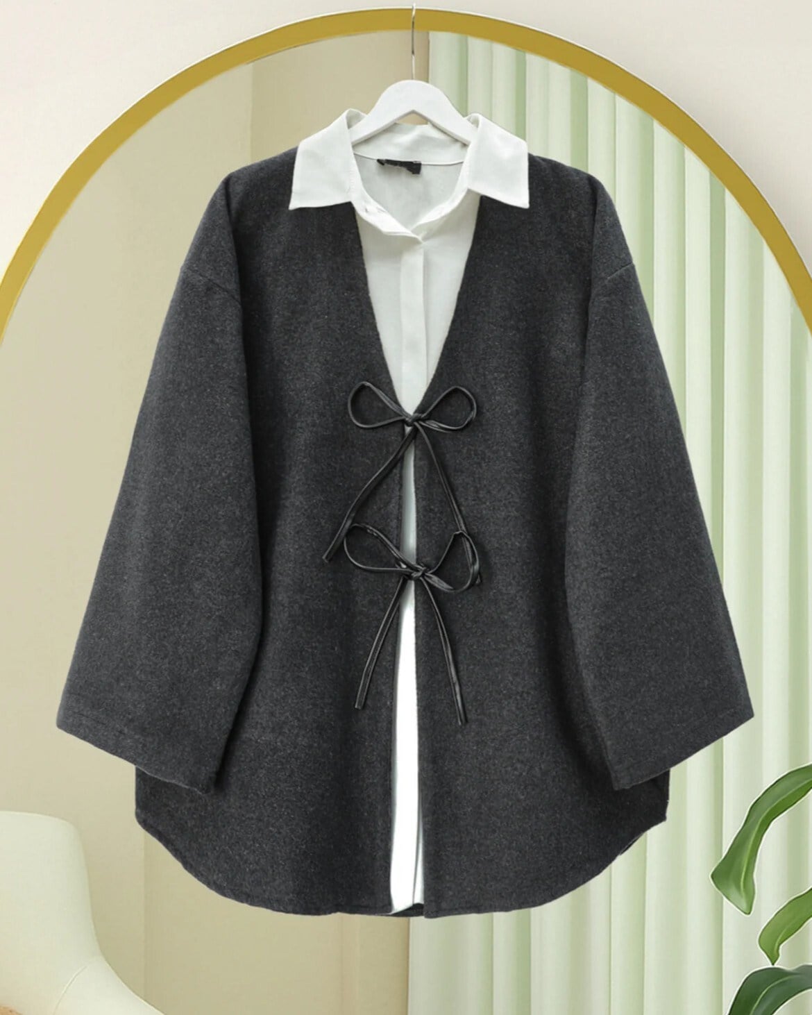 Önü Bağcıklı Oval Kesim Kaşe Kimono     -Antrasit