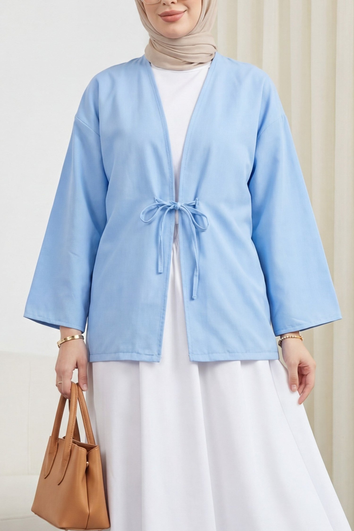 Önü Bağcıklı Poplin Kimono -Bebe Mavi