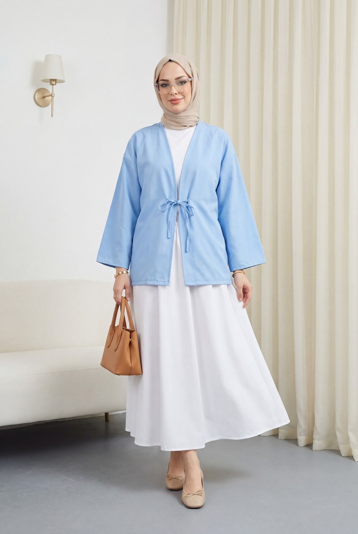 Önü Bağcıklı Poplin Kimono -Bebe Mavi
