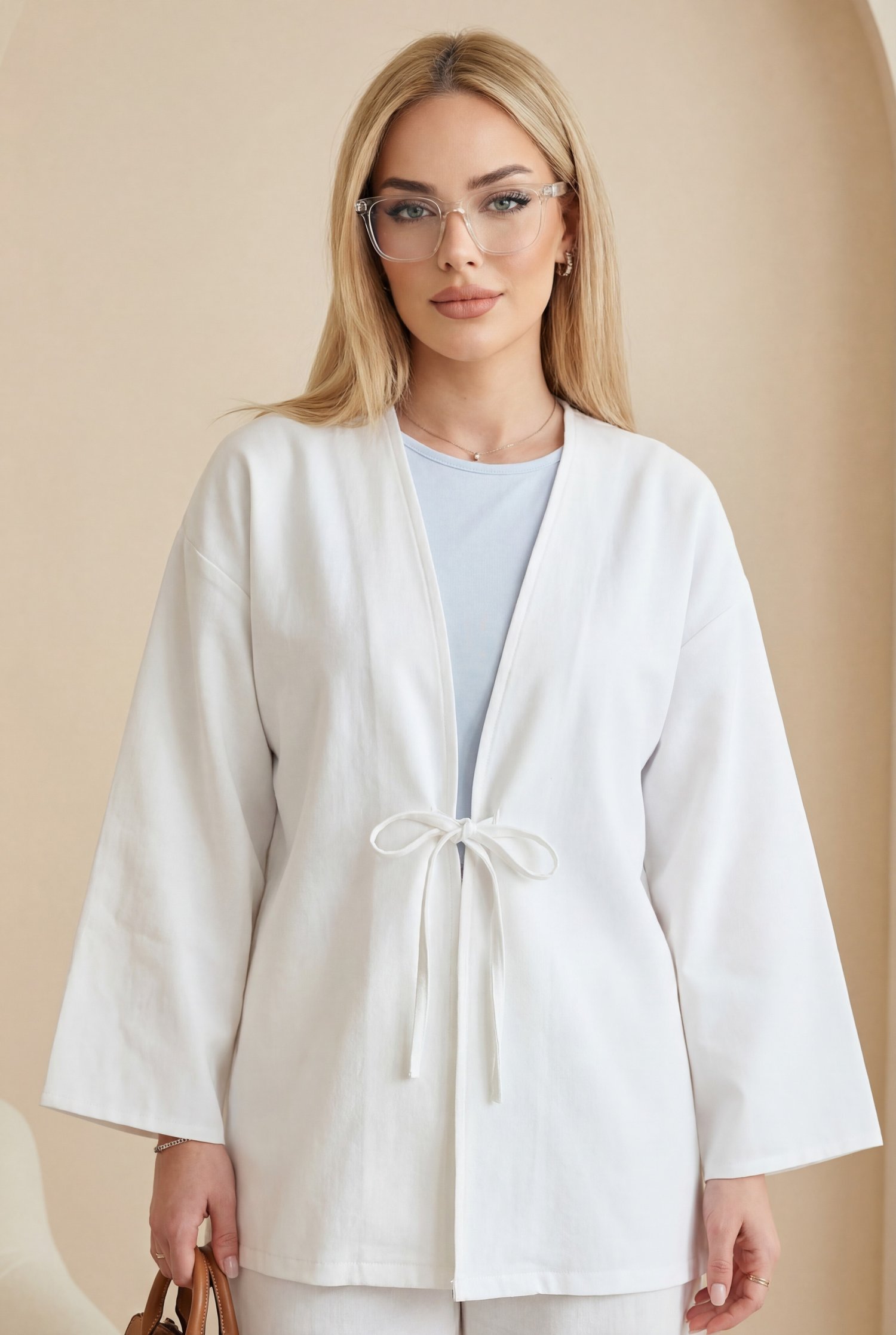 Önü Bağcıklı Poplin Kimono -Beyaz