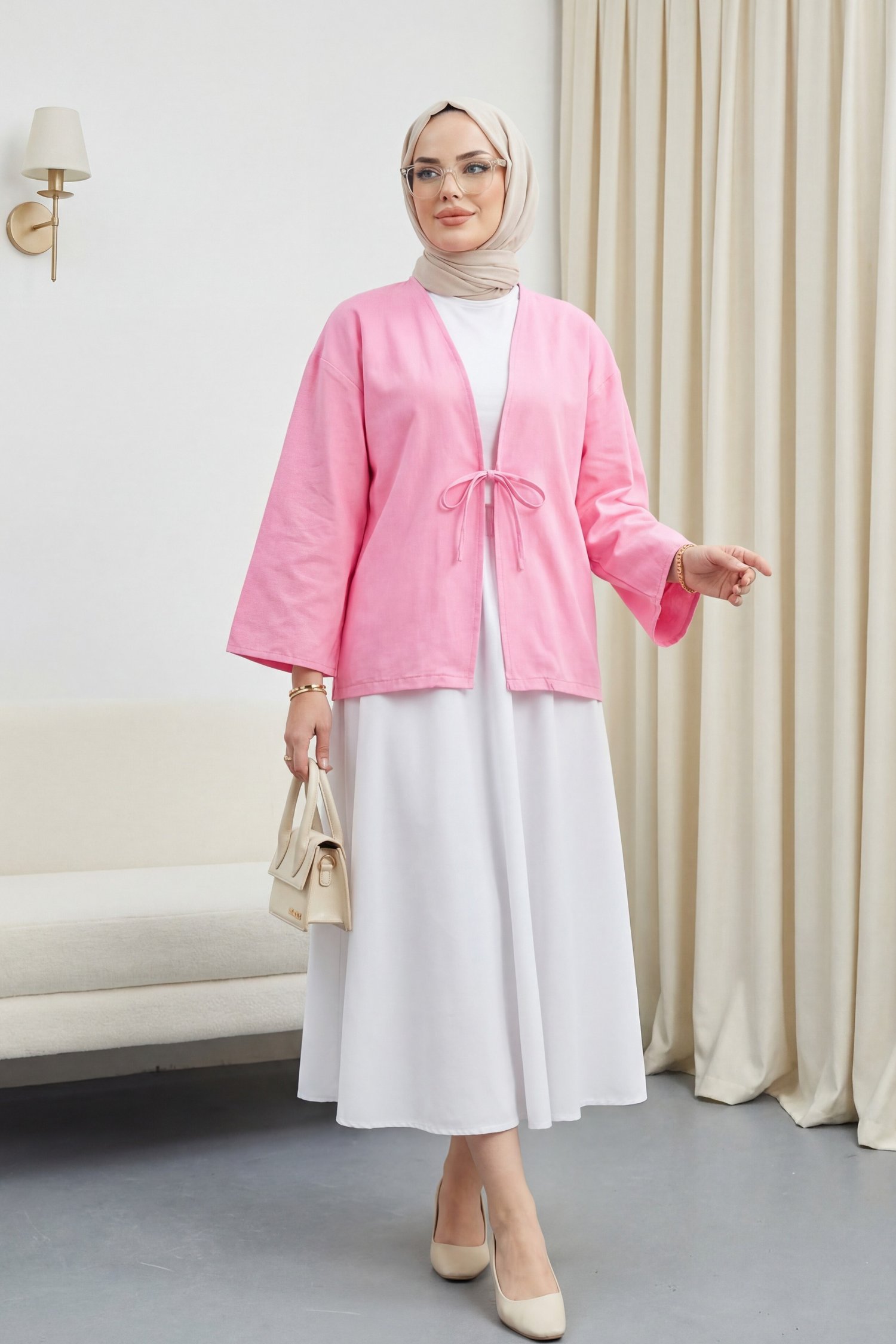 Önü Bağcıklı Poplin Kimono -Pembe