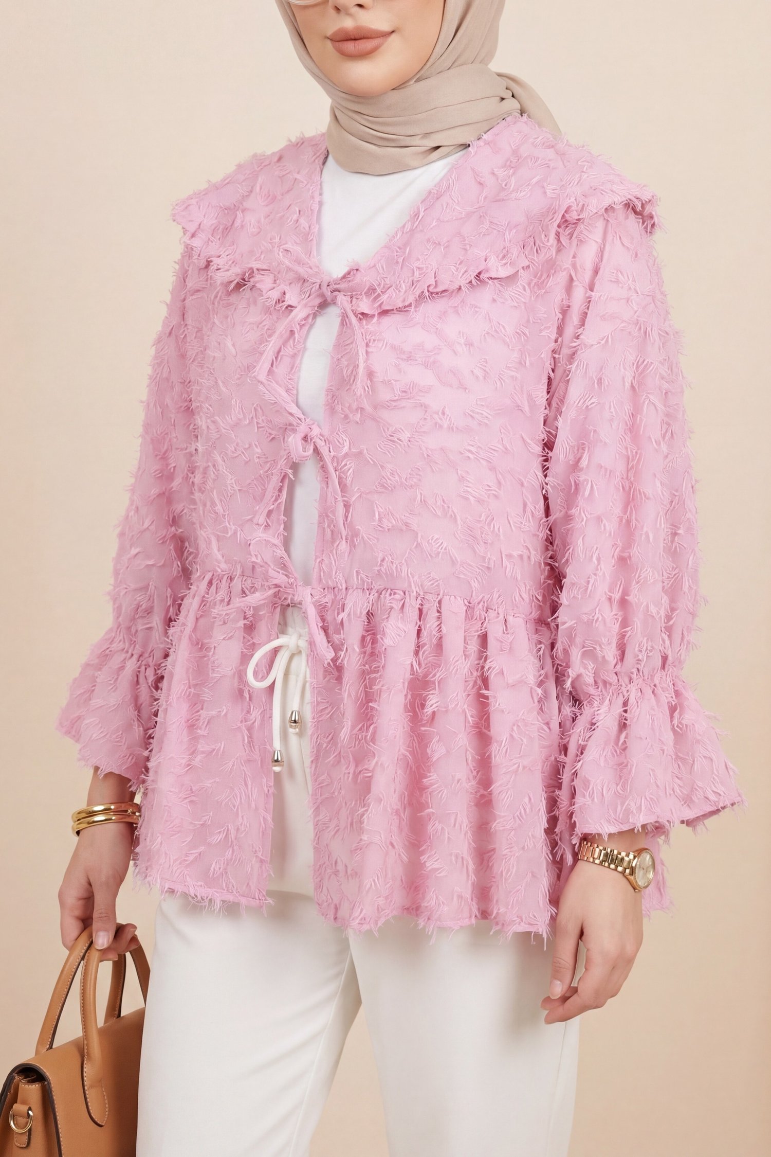 Önü Bağcıklı Tüylü Dokulu Clip Jakar Kimono -Pembe