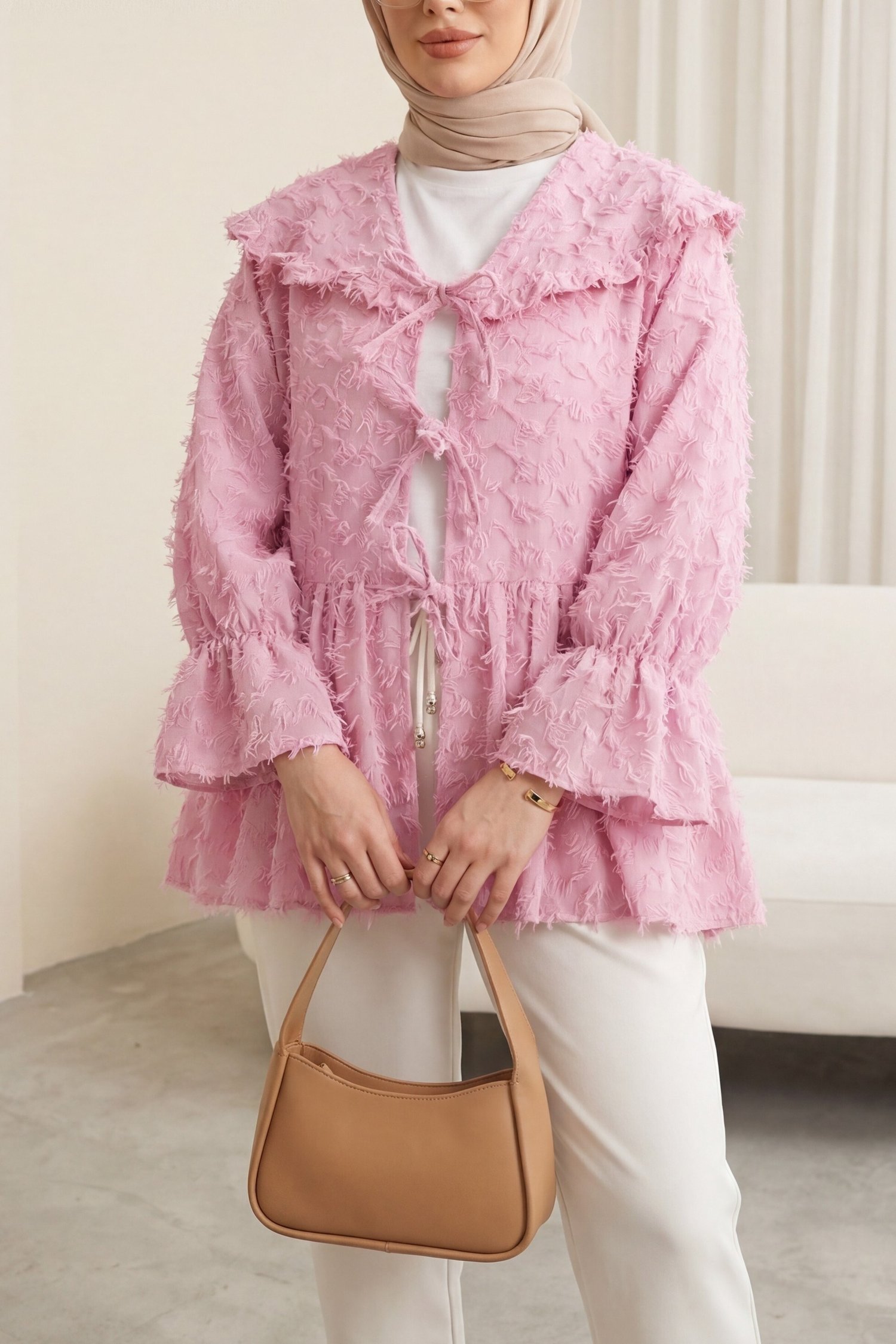 Önü Bağcıklı Tüylü Dokulu Clip Jakar Kimono -Pembe