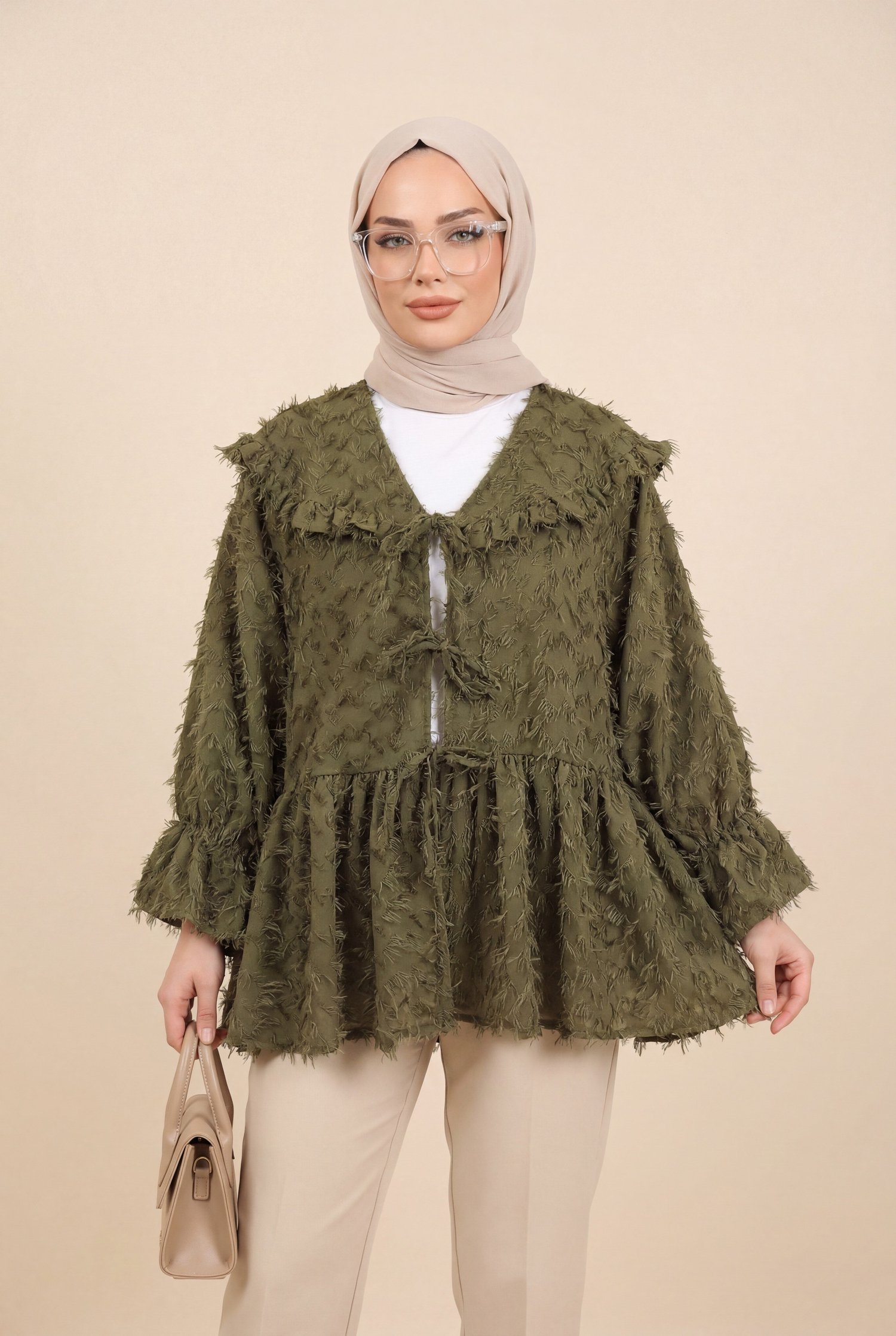 Önü Bağcıklı Tüylü Dokulu Clip Jakar Kimono -Haki