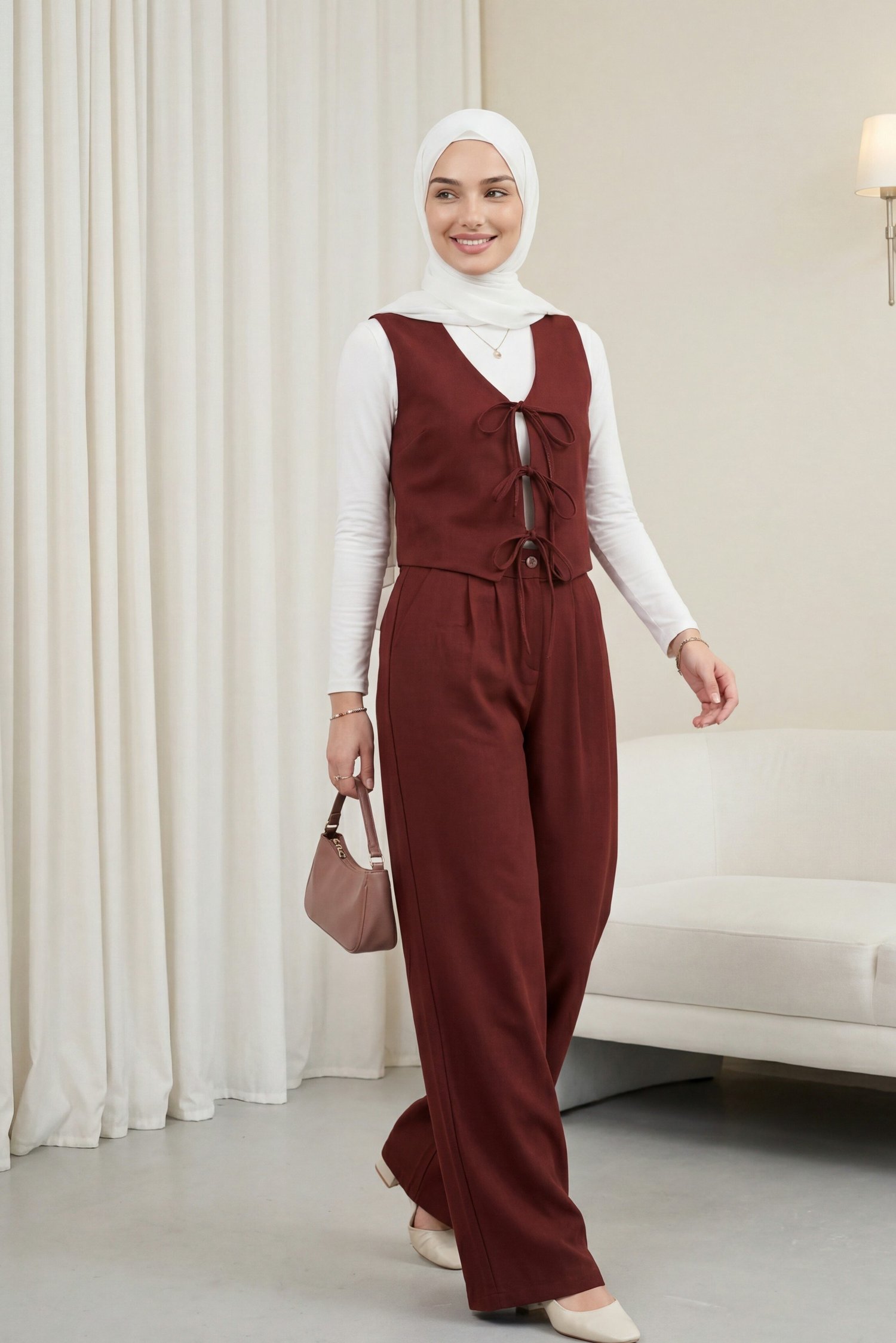 Önü Bağcıklı Yelek Pantolon İkili Keten Görünümlü Takım  -Bordo