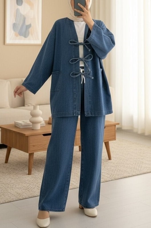 Önü Bağlamalı Cepli Pantolonlu Kot Kimono Takım   -Koyu Mavi