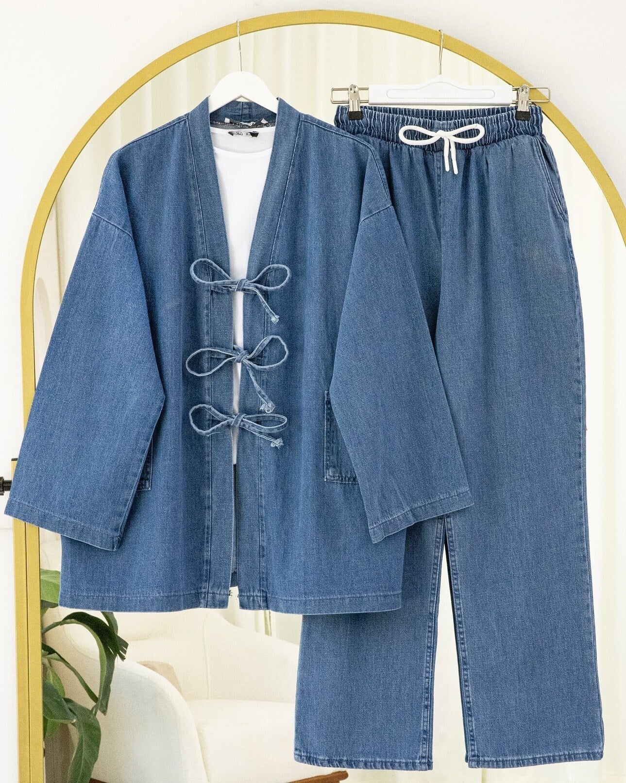 Önü Bağlamalı Cepli Pantolonlu Kot Kimono Takım   -Koyu Mavi