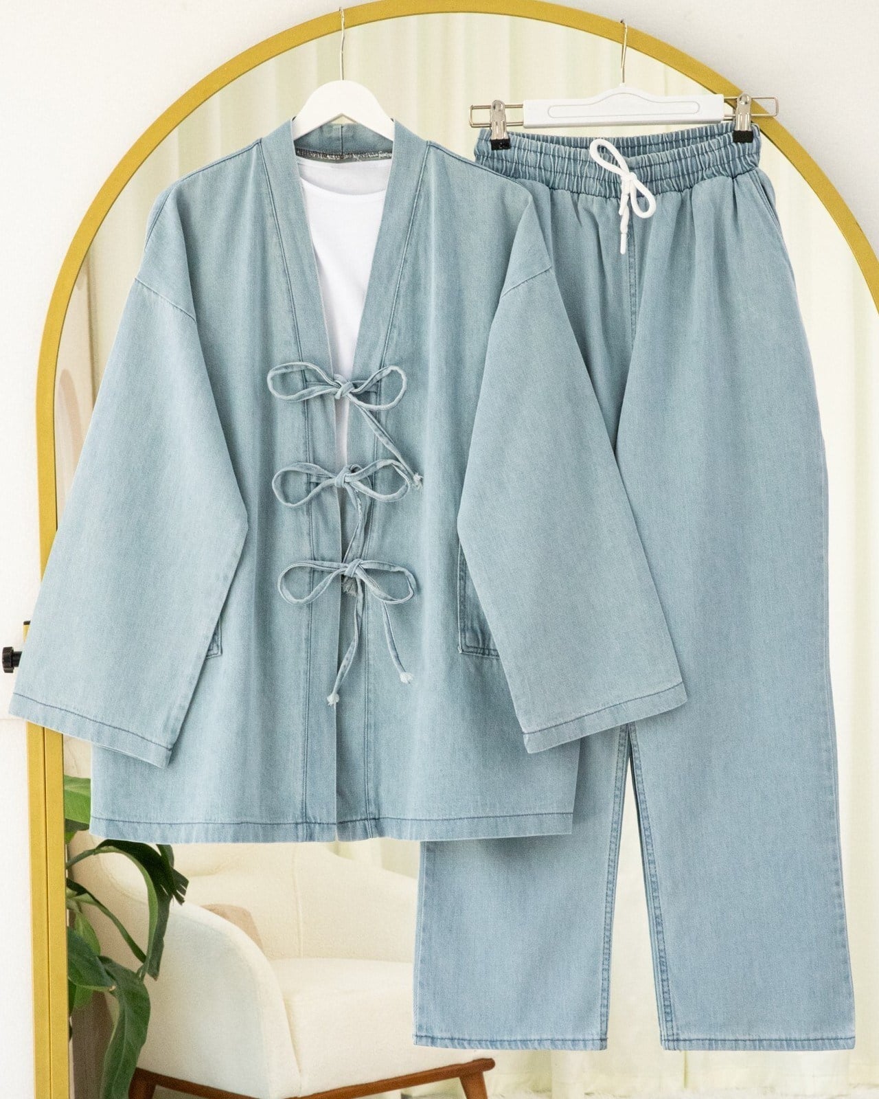 Önü Bağlamalı Cepli Pantolonlu Kot Kimono Takım   -Açık Mavi