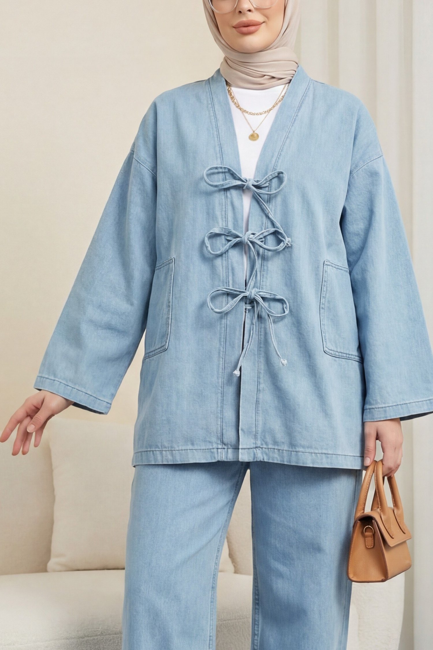 Önü Bağlamalı Cepli Pantolonlu Kot Kimono Takım   -Açık Mavi