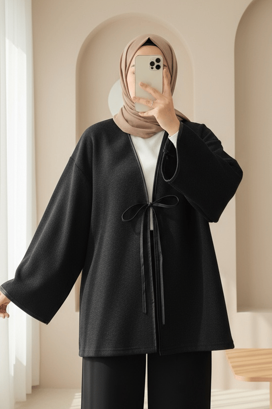 Önü Bağlamalı Deri Detaylı Salaş Kimono  -Siyah