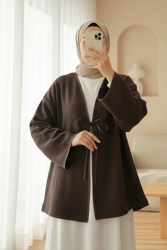 Önü Bağlamalı Deri Detaylı Salaş Kimono  -Toprak