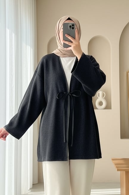 Önü Bağlamalı Deri Detaylı Salaş Kimono  -Antrasit