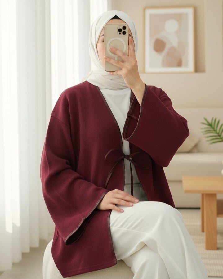 Önü Bağlamalı Deri Detaylı Salaş Kimono  -Bordo
