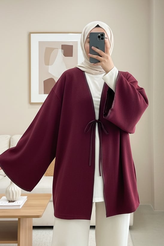 Önü Bağlamalı Deri Detaylı Salaş Kimono  -Bordo