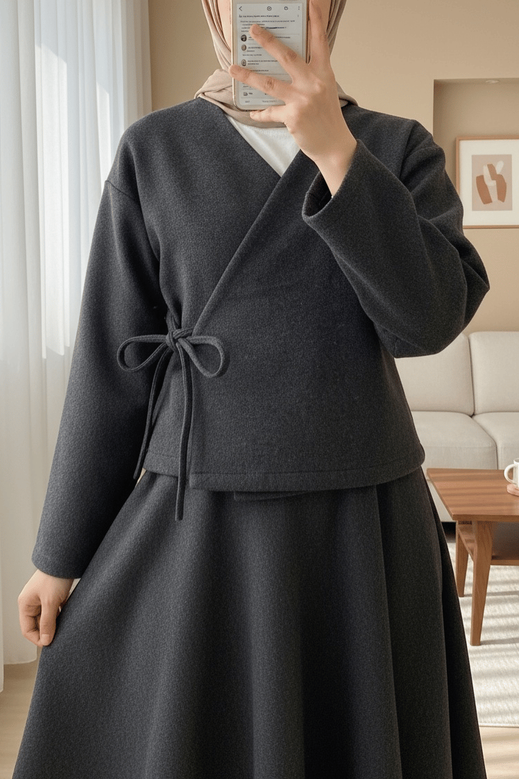 Önü Bağlamalı Etekli Kaşe Kimono Takım -Antrasit