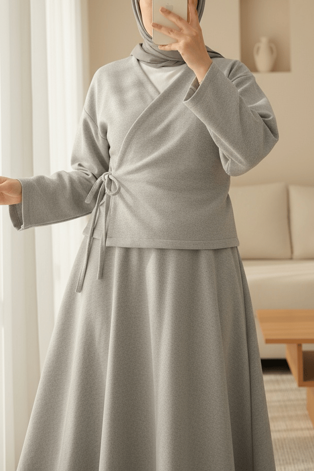Önü Bağlamalı Etekli Kaşe Kimono Takım -Gri