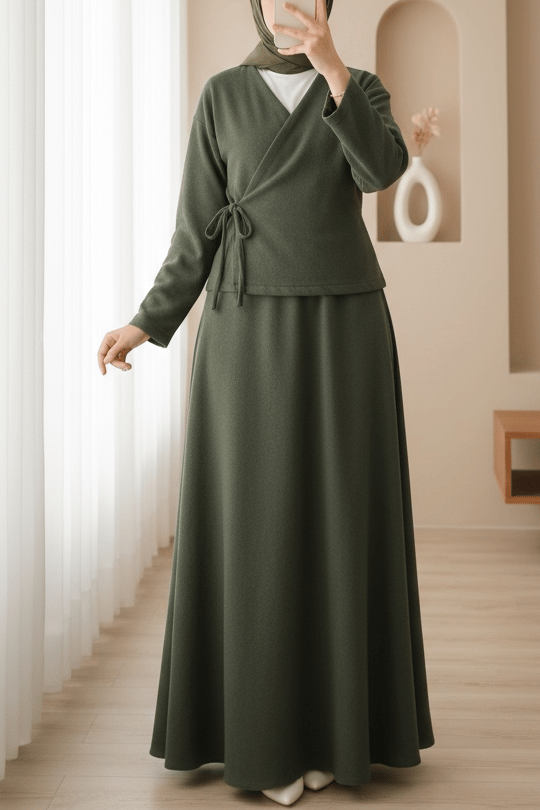 Önü Bağlamalı Etekli Kaşe Kimono Takım -Haki