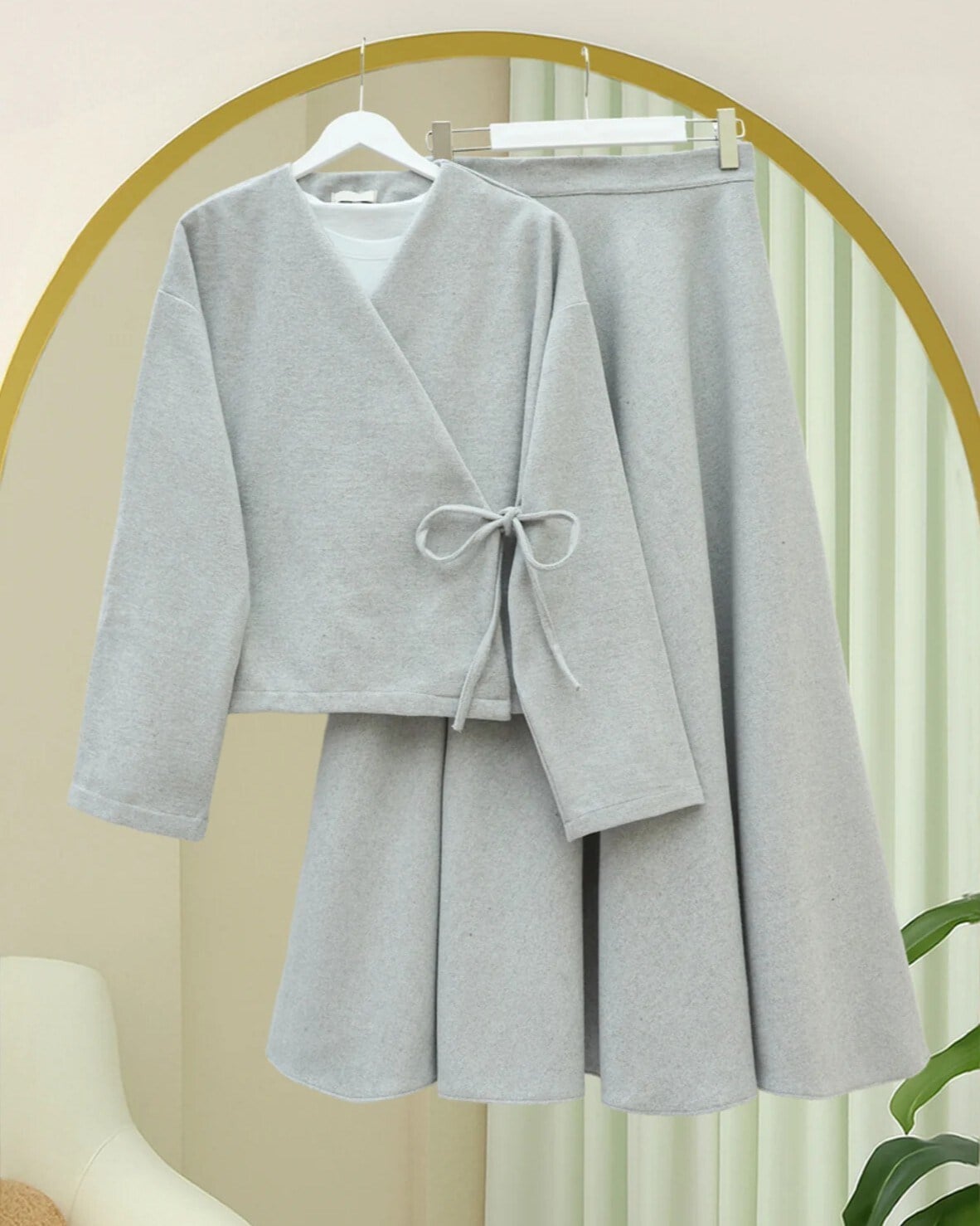 Önü Bağlamalı Etekli Kaşe Kimono Takım -Gri