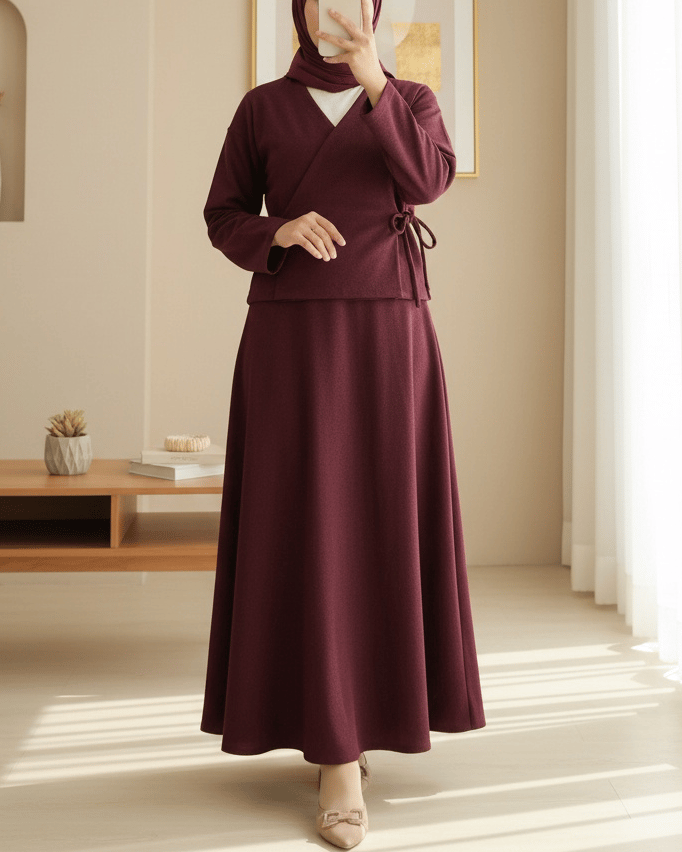 Önü Bağlamalı Etekli Kaşe Kimono Takım -Bordo
