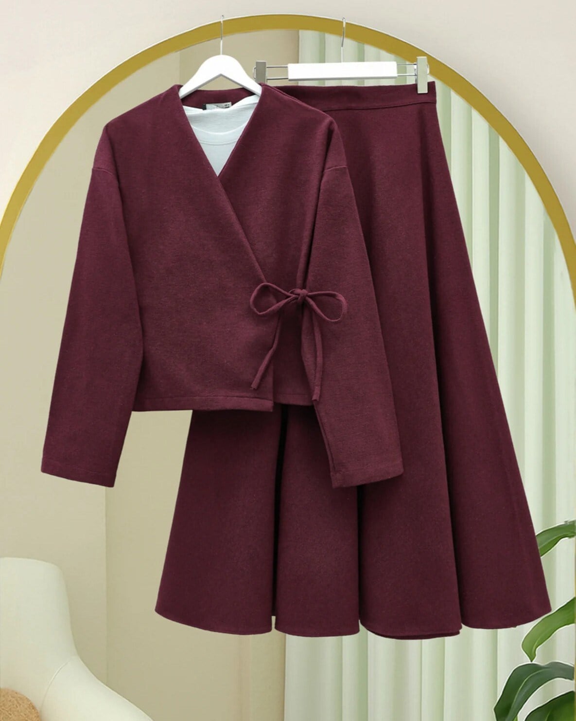 Önü Bağlamalı Etekli Kaşe Kimono Takım -Bordo