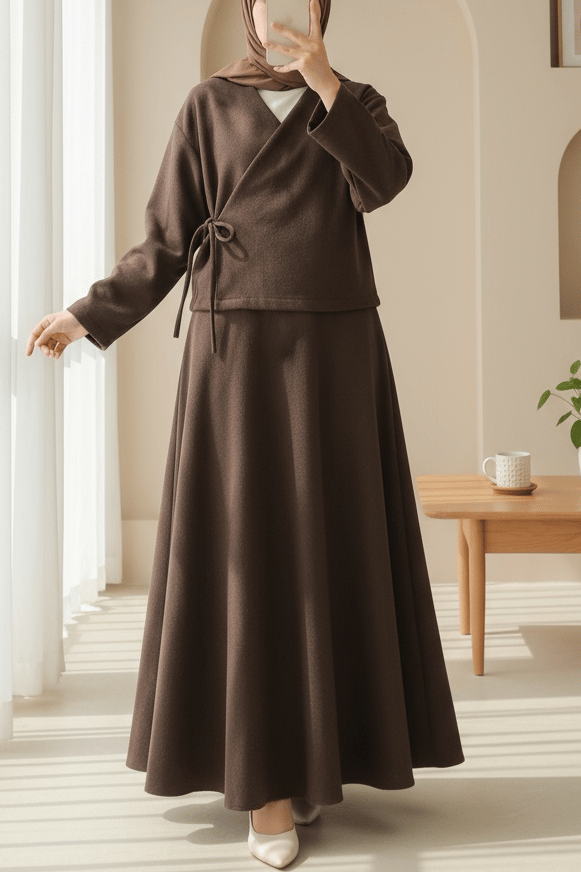 Önü Bağlamalı Etekli Kaşe Kimono Takım -Kahve
