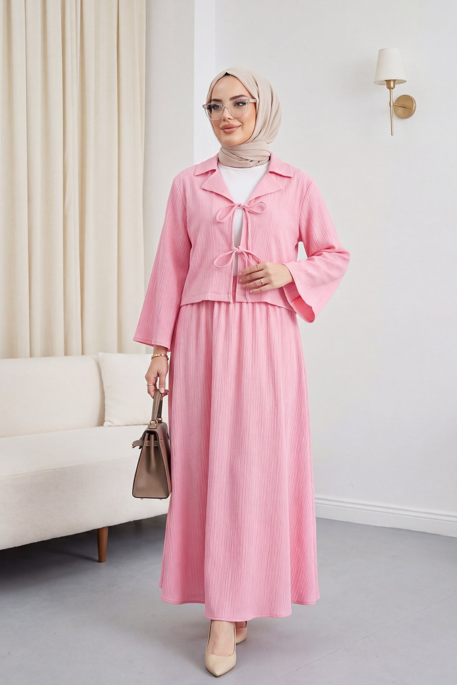 Önü Bağlamalı Etekli Krinkıl Takım   -Pembe