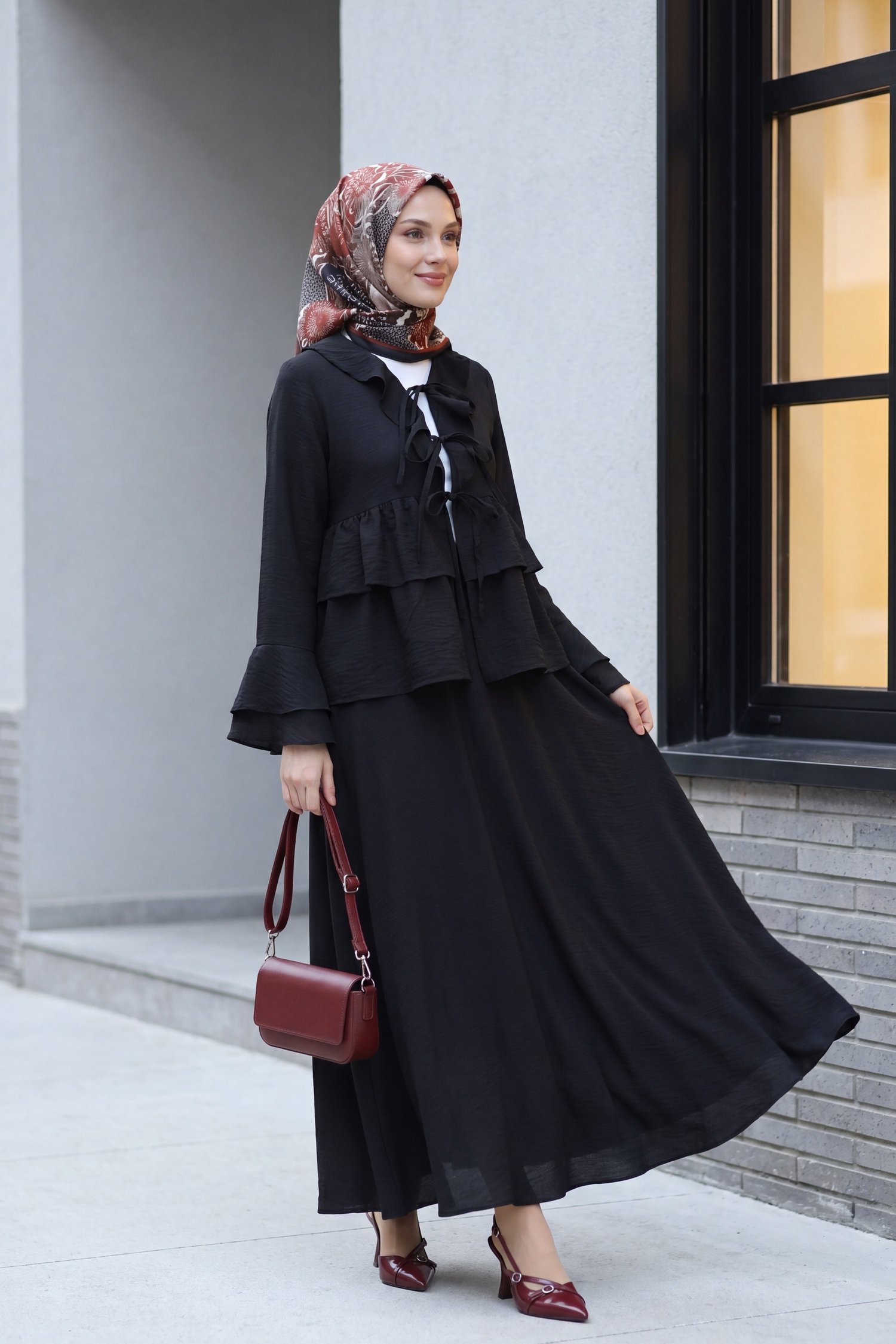 Önü Bağlamalı Fırfırlı İspanyol Kol Etekli Cupra Kimono Takım -Siyah