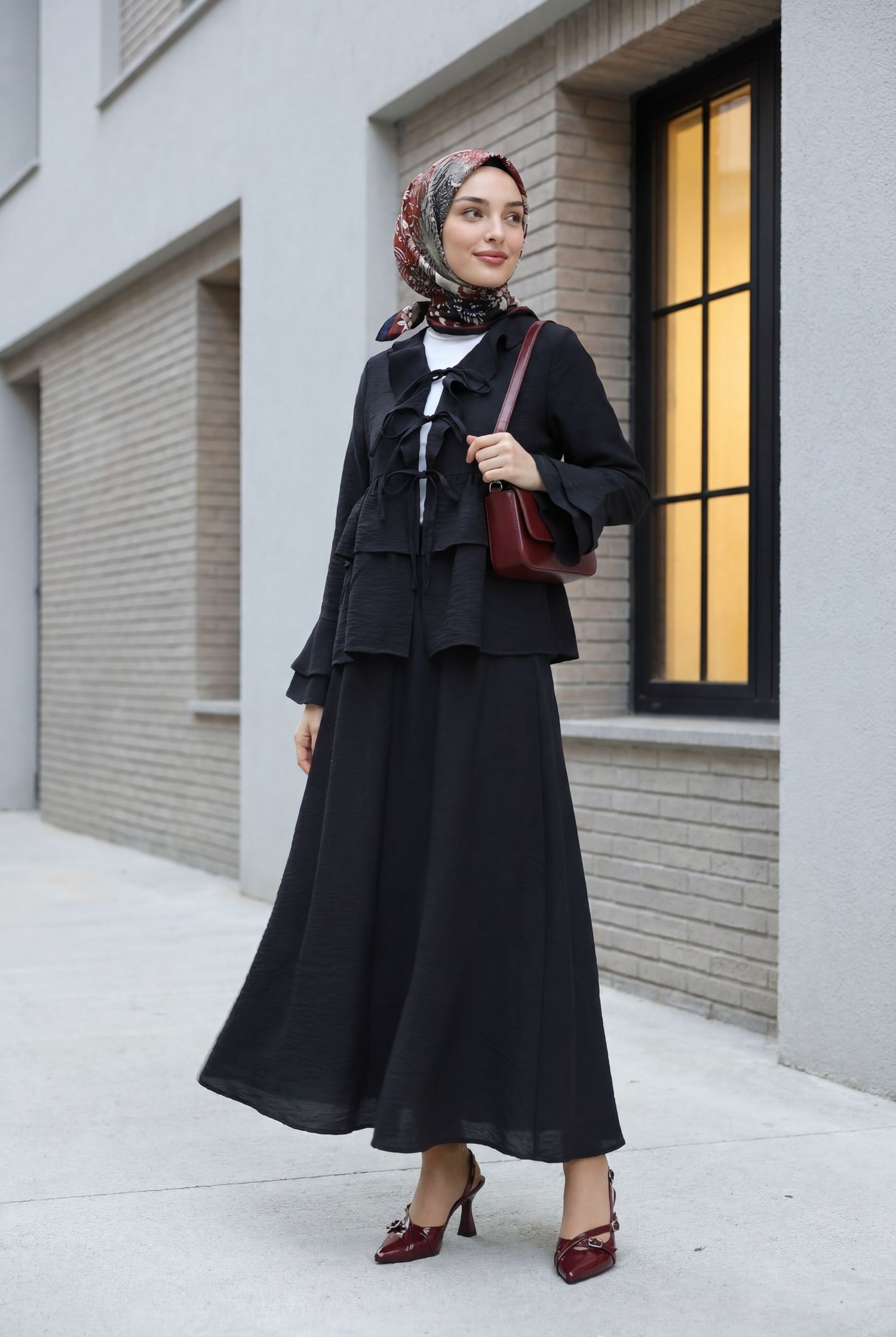 Önü Bağlamalı Fırfırlı İspanyol Kol Etekli Cupra Kimono Takım -Siyah