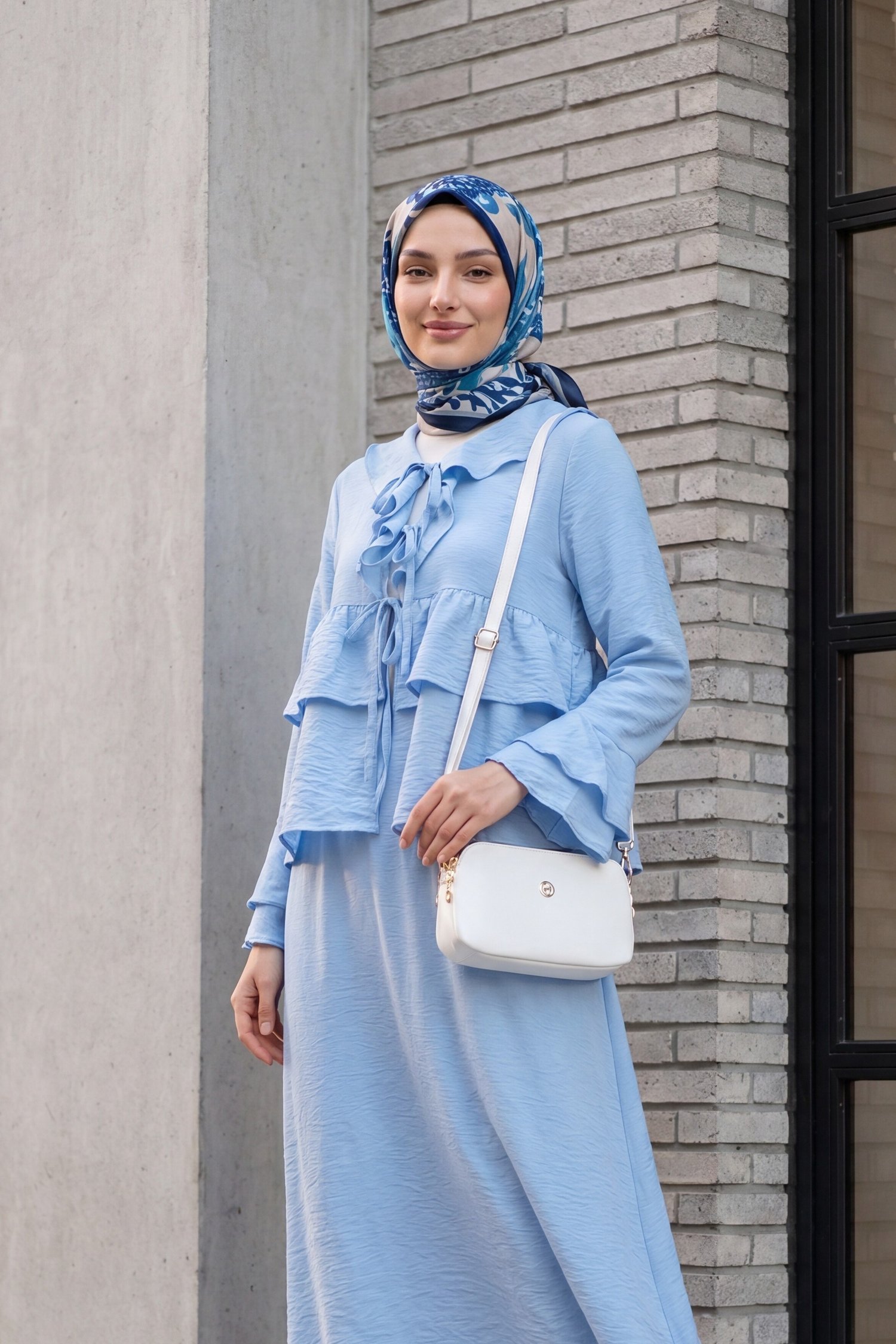 Önü Bağlamalı Fırfırlı İspanyol Kol Etekli Cupra Kimono Takım -Bebe Mavi