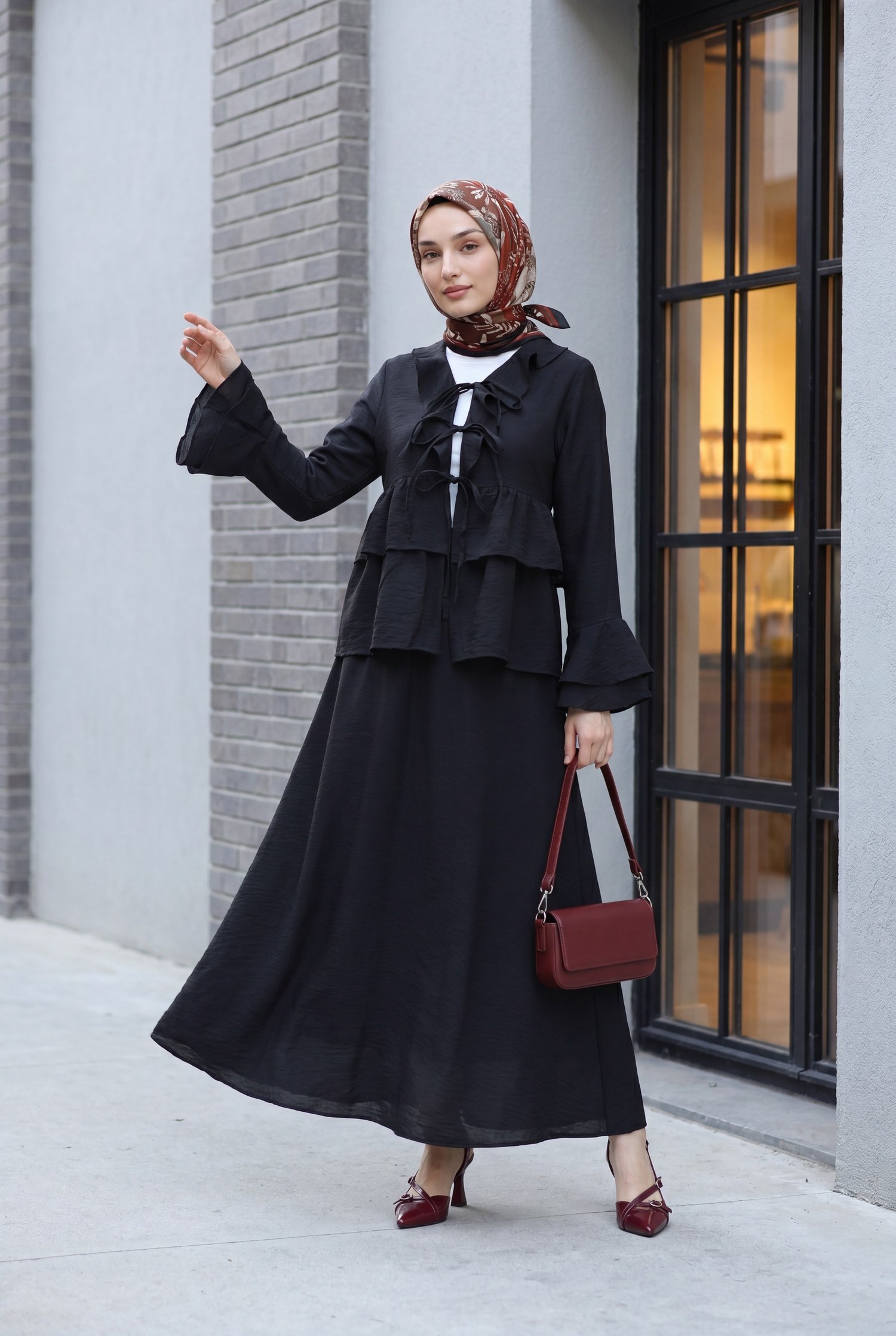 Önü Bağlamalı Fırfırlı İspanyol Kol Etekli Cupra Kimono Takım -Siyah