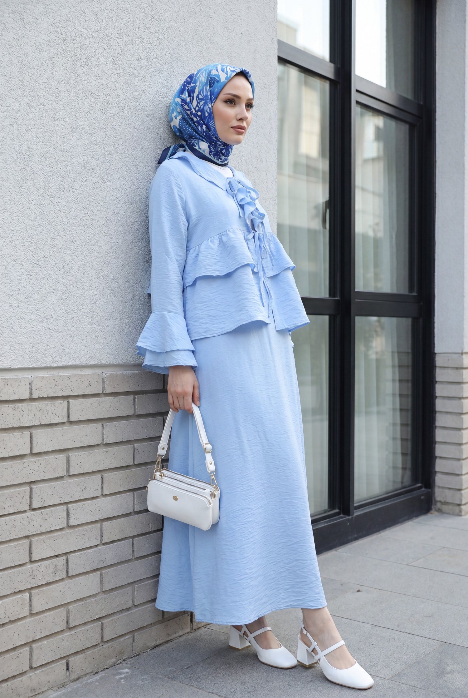 Önü Bağlamalı Fırfırlı İspanyol Kol Etekli Cupra Kimono Takım -Bebe Mavi
