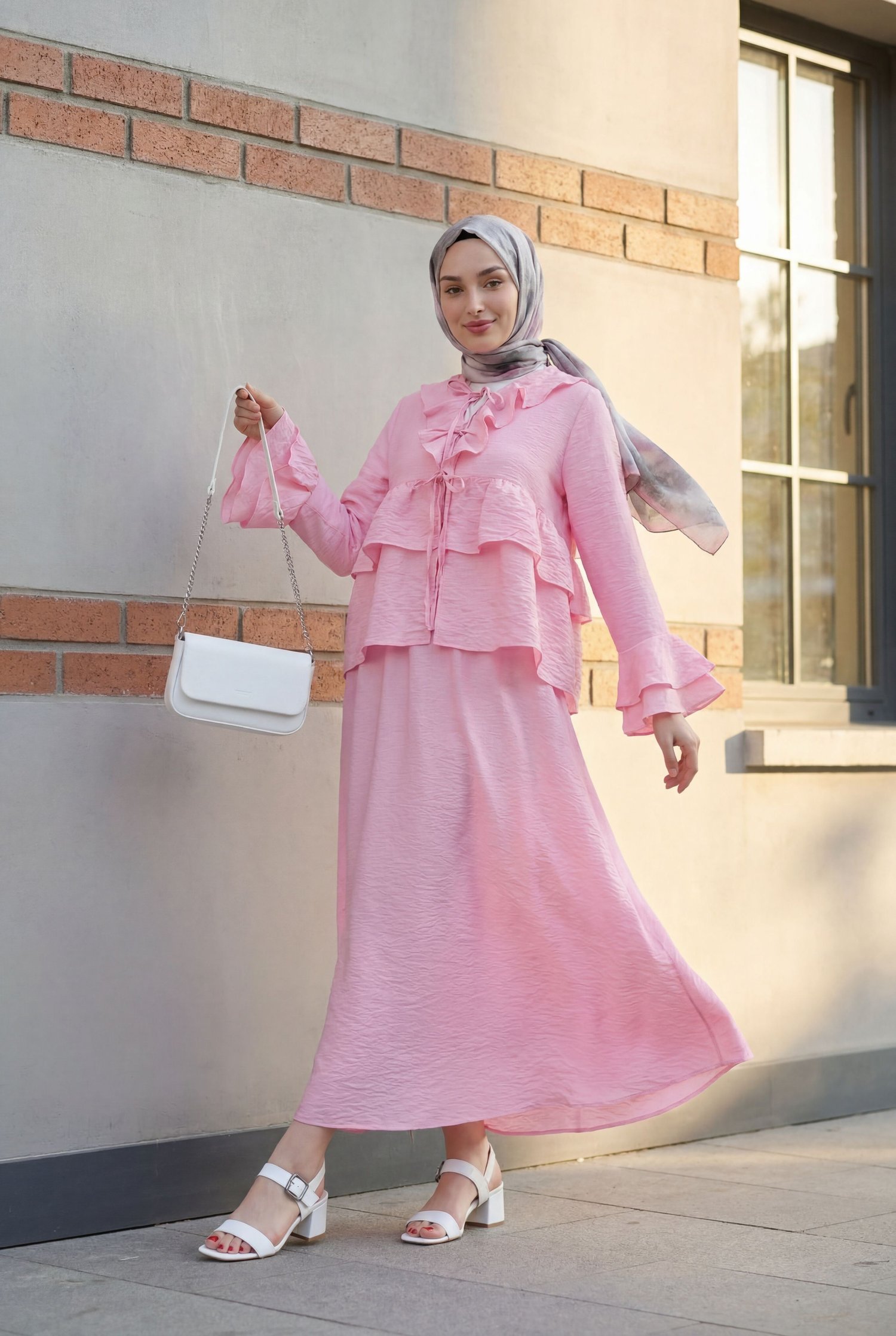 Önü Bağlamalı Fırfırlı İspanyol Kol Etekli Cupra Kimono Takım -Pembe