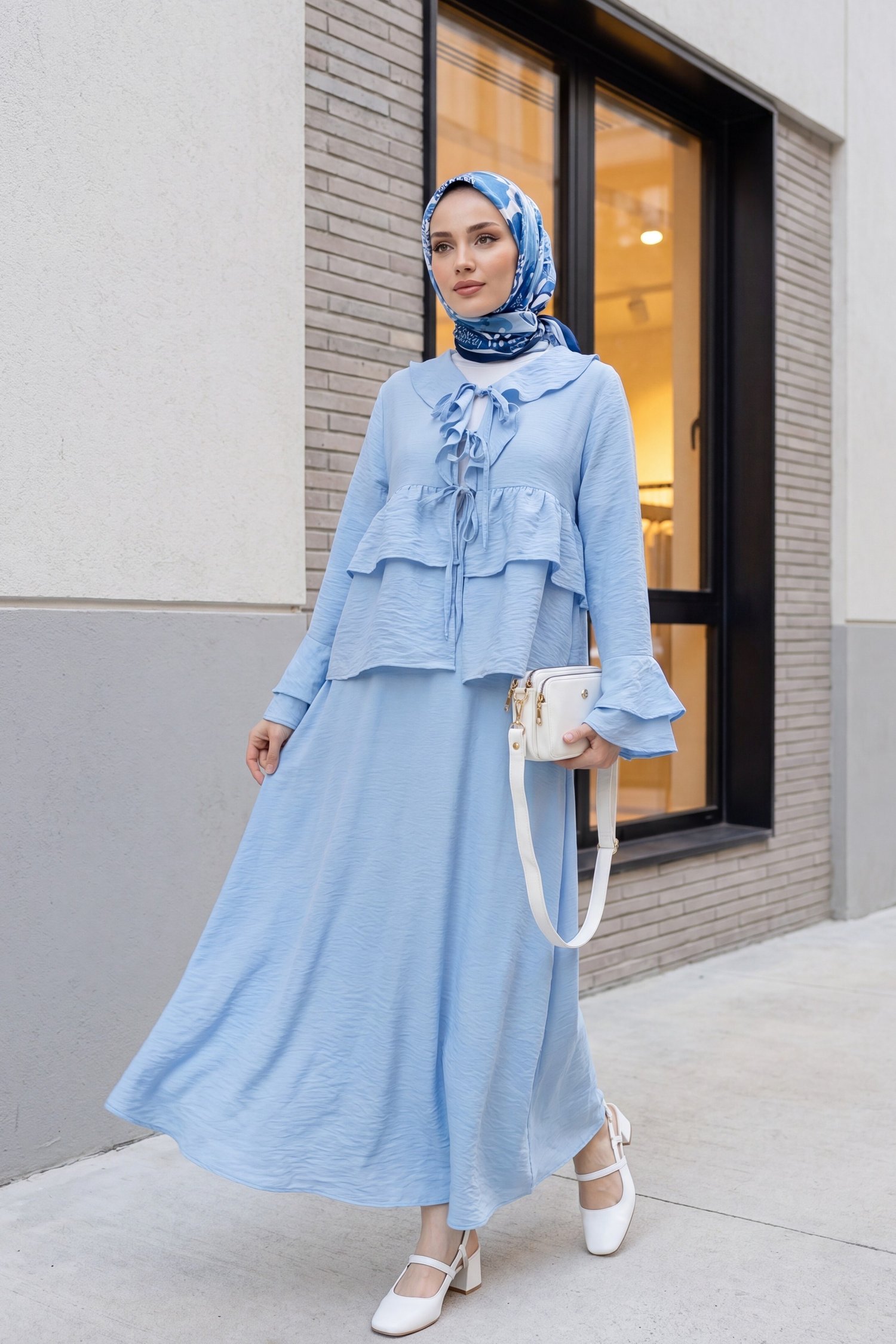 Önü Bağlamalı Fırfırlı İspanyol Kol Etekli Cupra Kimono Takım -Bebe Mavi