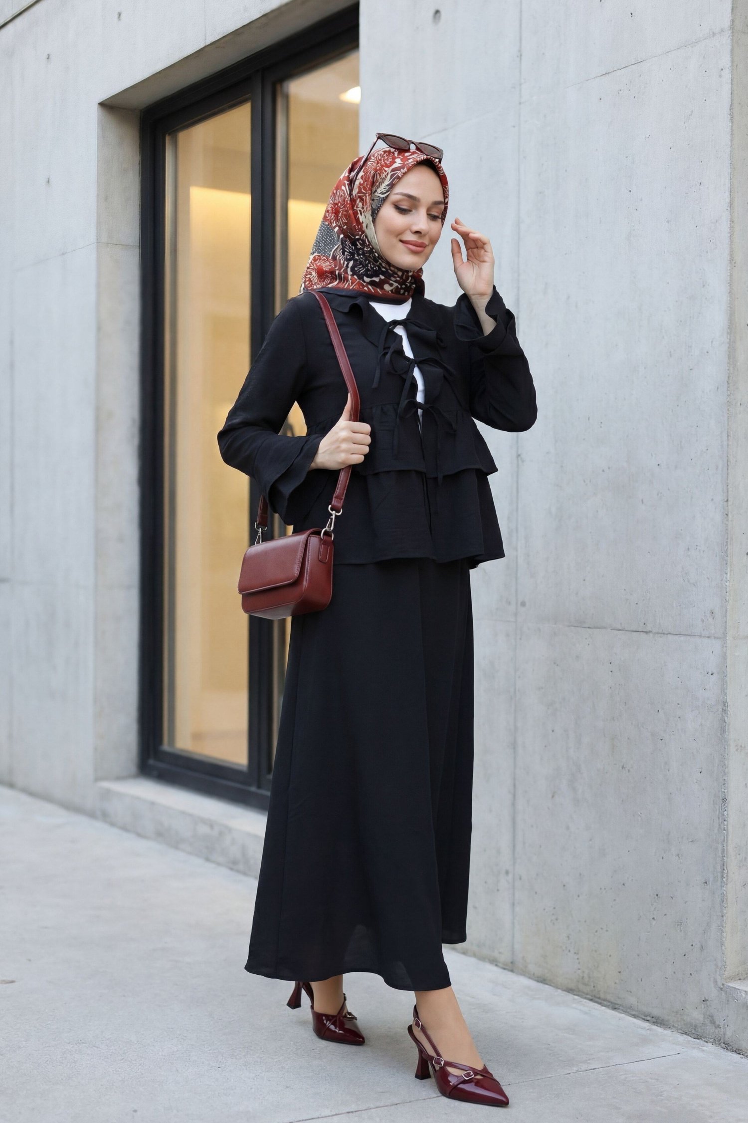 Önü Bağlamalı Fırfırlı İspanyol Kol Etekli Cupra Kimono Takım -Siyah