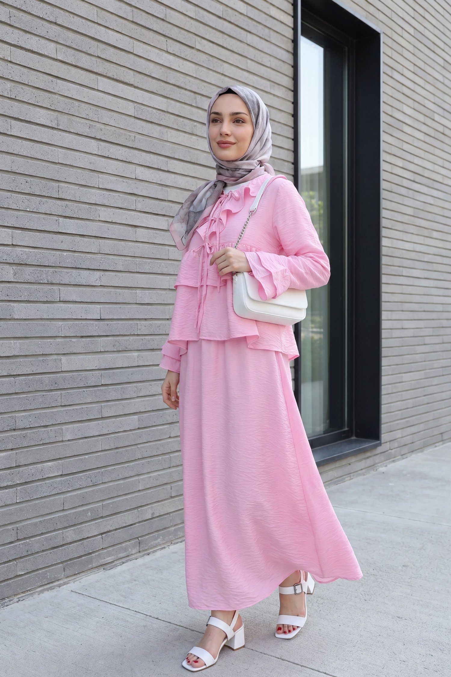 Önü Bağlamalı Fırfırlı İspanyol Kol Etekli Cupra Kimono Takım -Pembe