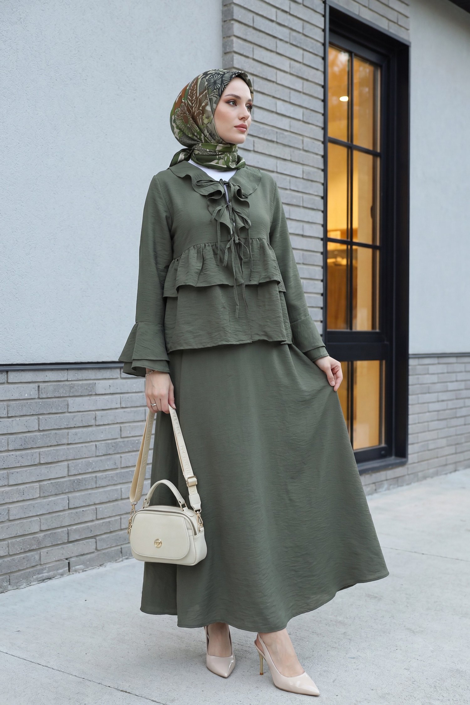 Önü Bağlamalı Fırfırlı İspanyol Kol Etekli Cupra Kimono Takım -Haki
