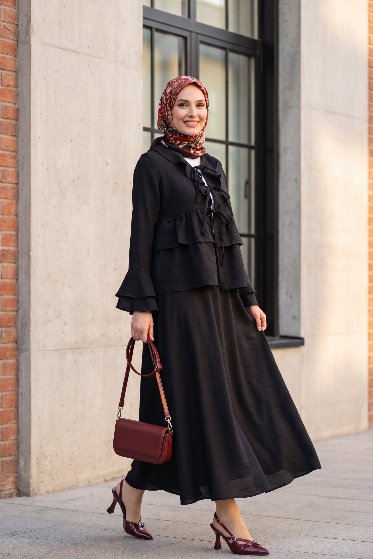 Önü Bağlamalı Fırfırlı İspanyol Kol Etekli Cupra Kimono Takım -Siyah